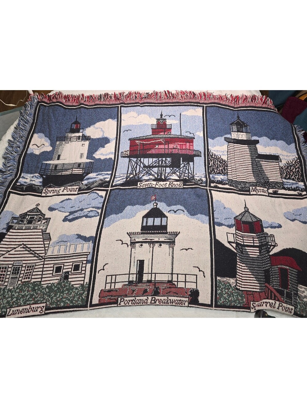 Vintage 90s Goodwin Weavers Lighthouse Tapestry Throw Blanket 32x44 Nautical